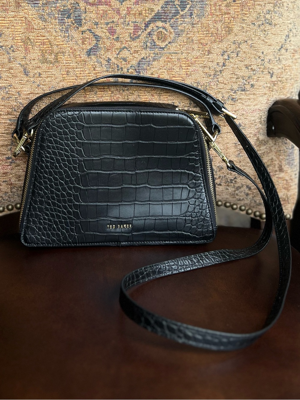 Ted Baker Black Croc-Embossed Crossbody with Gold Hardware